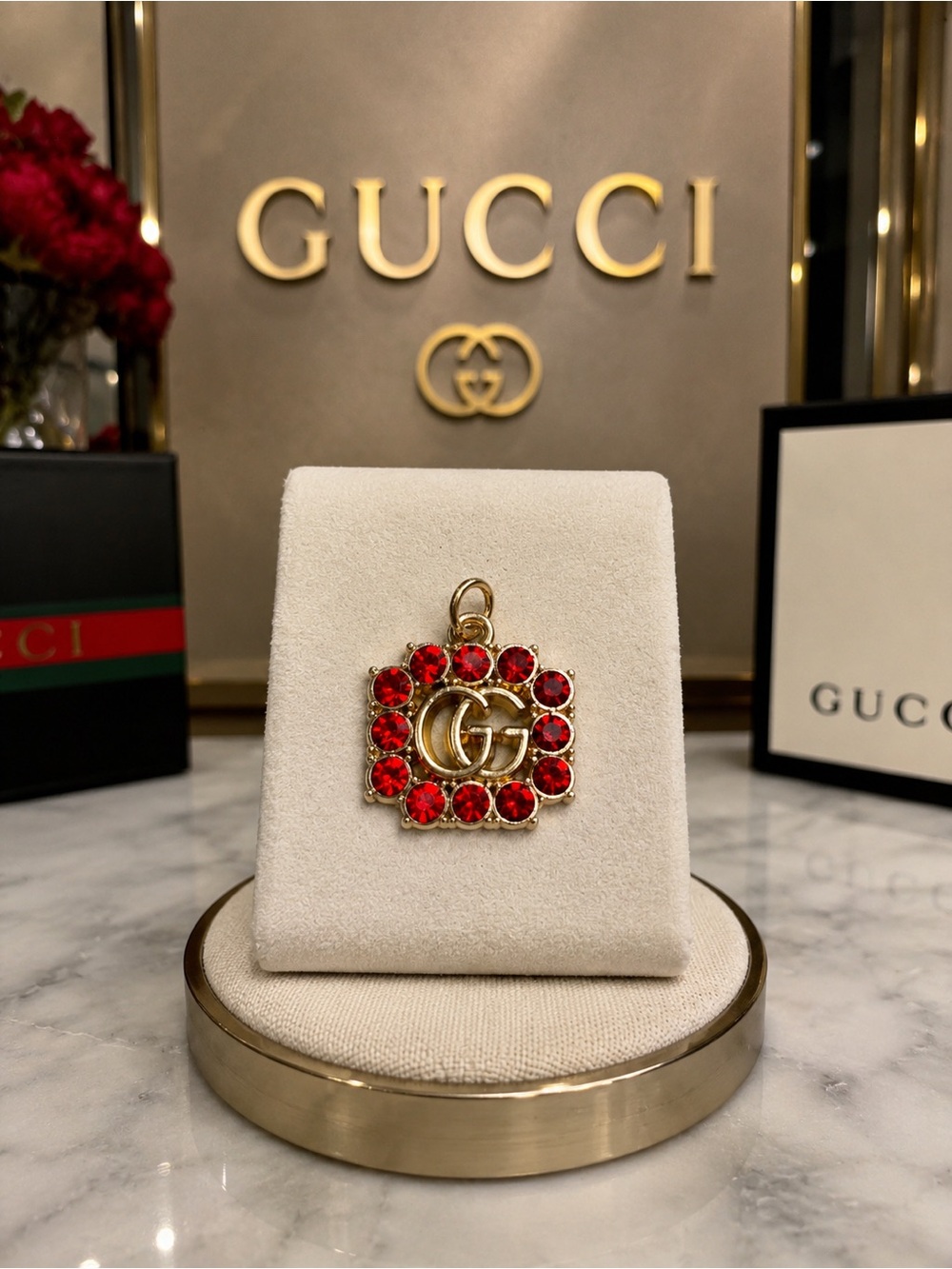 Gucci stamped Red Crystal GG Pendant Necklace Charm pendant zipper pull